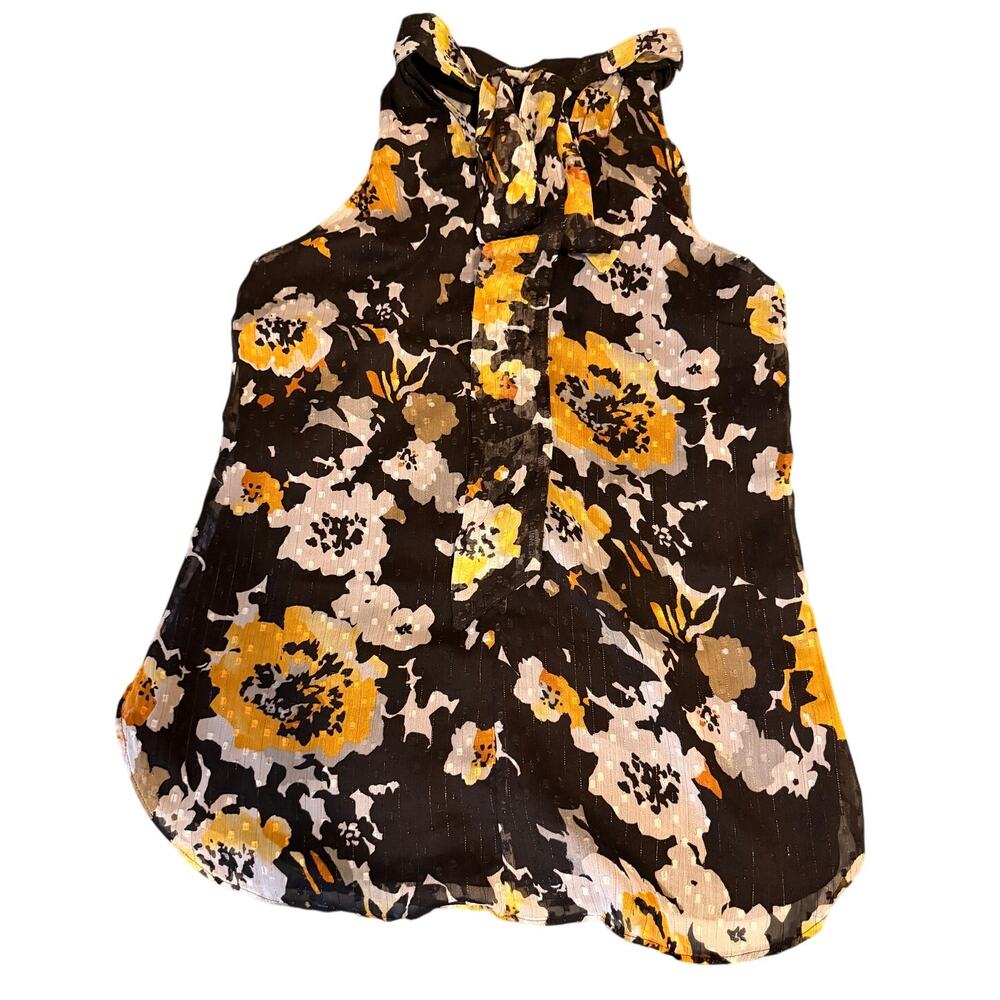 White House Black Market Size 0 Floral Blouse Black Yellow Metallic - Picture 2 of 10